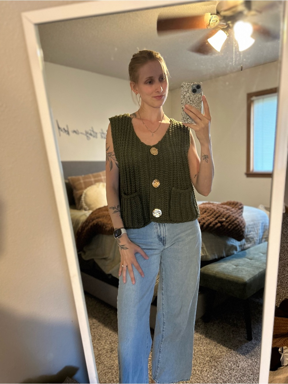 Chunky Olive Green Knit Vest with Gold Buttons
